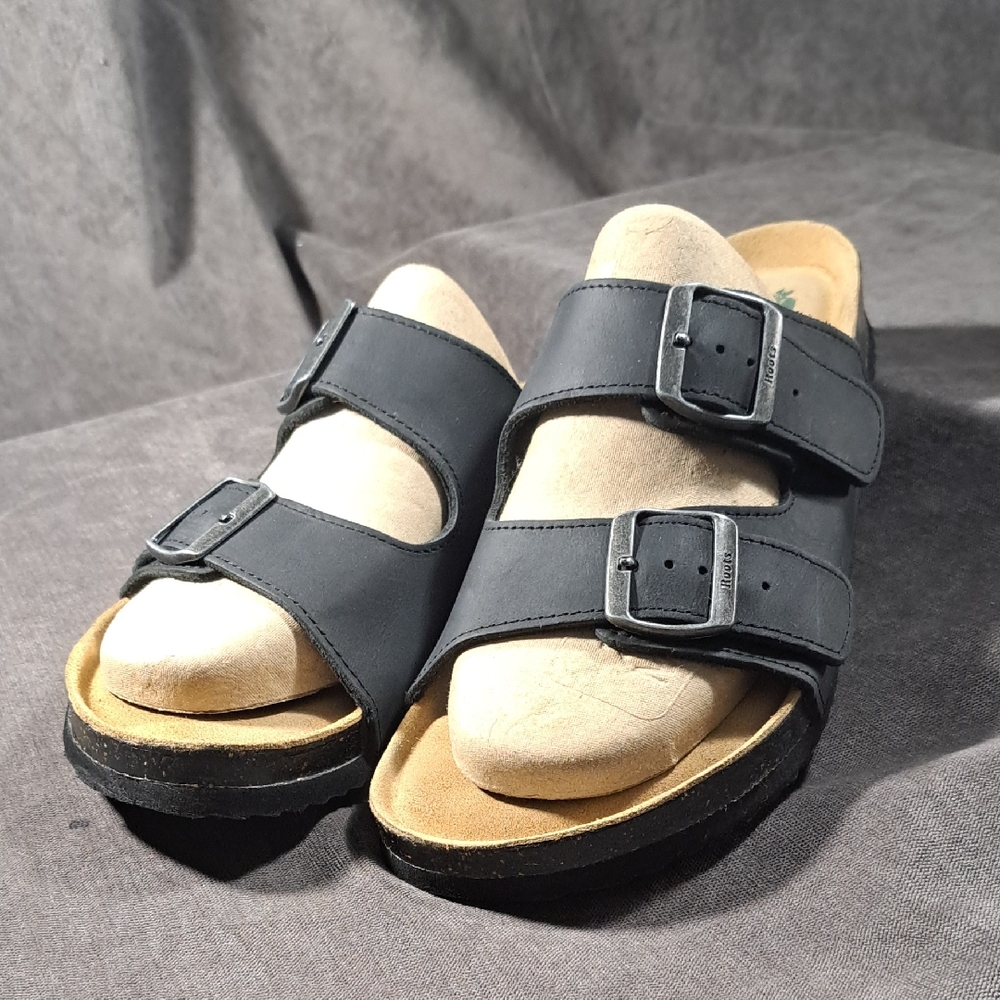Roots Canada Black Nubuck Leather Double Buckle Slip On Sandals VG US 10.5